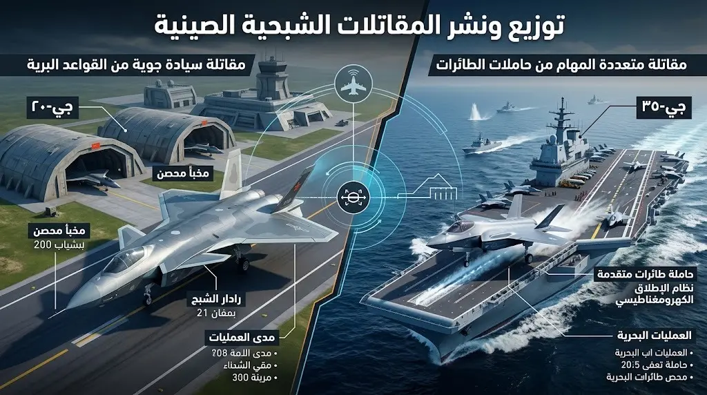 تصميم بصري يوضح الفرق بين المقاتلة J-20 المخصصة للقواعد البرية والمقاتلة J-35 المخصصة لحاملات الطائرات