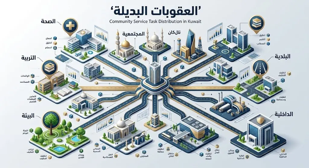 إنفوجرافيك احترافي يوضح تنوع وتوزيع مهام العقوبات البديلة للمخالفات المرورية على 16 جهة حكومية في الكويت