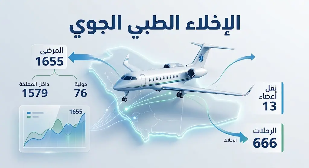 إنفوجرافيك يوضح إحصائيات حالات الإخلاء الطبي الجوي للنصف الأول من عام 2026، متضمناً أعداد المرضى والرحلات الداخلية والدولية وحالات نقل الأعضاء.