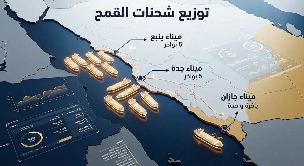 إنفوجرافيك يوضح توزيع إجمالي 11 باخرة قمح على موانئ جدة الإسلامي، ينبع التجاري، وجازان.