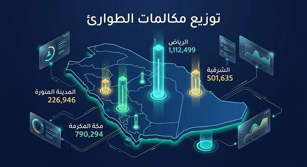 إنفوجرافيك احترافي يعرض توزيع مكالمات الطوارئ 911 بحسب مناطق المملكة العربية السعودية لشهر يونيو 2026، موضحاً تصدر منطقة الرياض تليها مكة المكرمة.