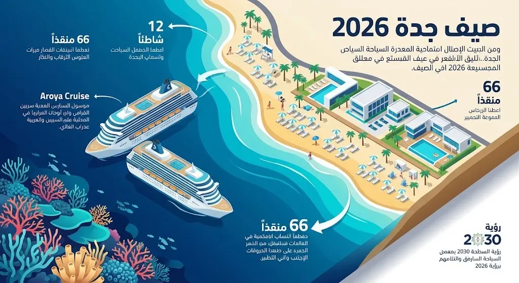 إنفوجرافيك حديث يوضح التوسع الاستثماري وتجهيزات صيف جدة 2026، مستعرضاً تجهيز 12 شاطئاً وتوفير 66 منقذاً لخدمة زوار الواجهة البحرية.