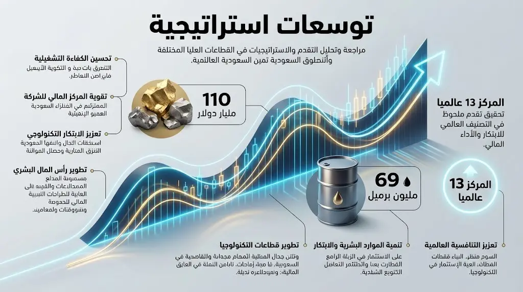 إنفوجرافيك احترافي يوضح التوسعات الاستراتيجية للسوق المالية السعودية، متضمناً مؤشرات التعدين والطاقة وأبرز الأرقام الاستثمارية.