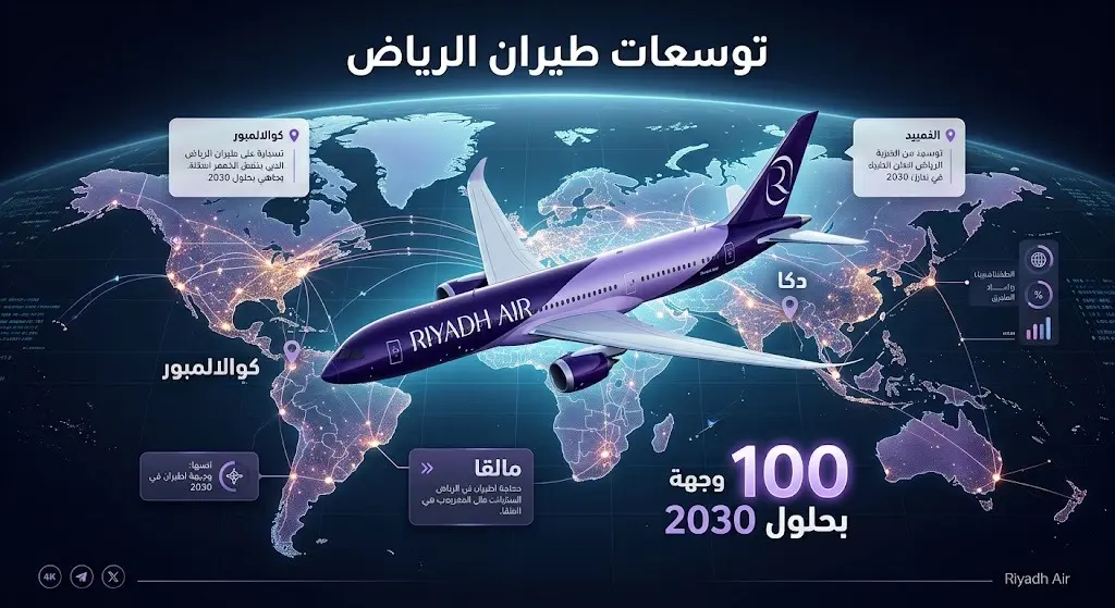 إنفوجرافيك يوضح خريطة توسعات طيران الرياض والوجهات الجديدة للشركة عالمياً ومستهدفات 2030
