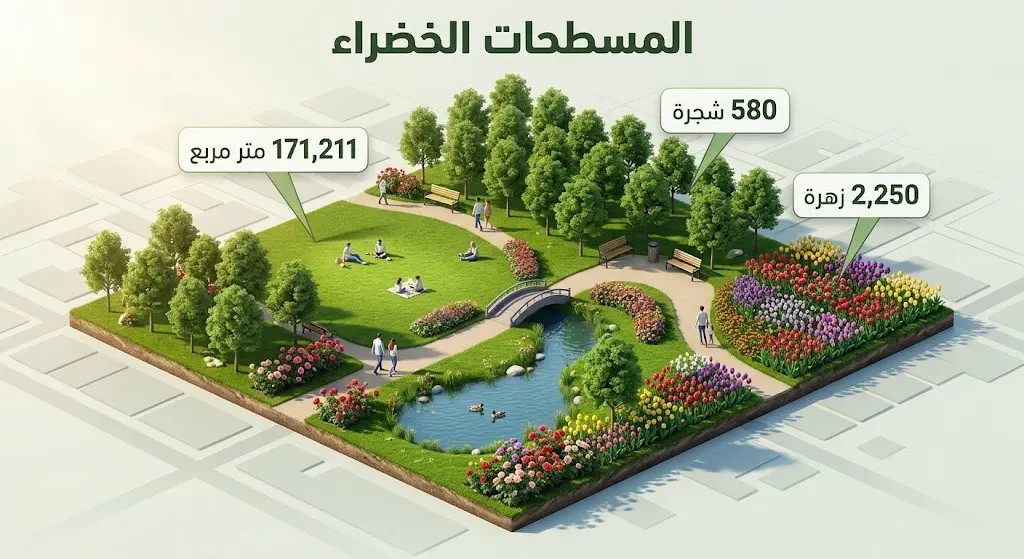 تصميم ثلاثي الأبعاد يستعرض أرقام التخضير وزراعة أكثر من 171 ألف متر مربع من المسطحات الخضراء ومئات الأشجار والزهور.