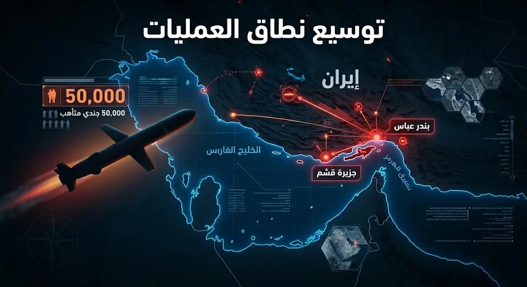 خريطة وتصميم استراتيجي يبرز اتساع نطاق الضربات الأمريكية لتشمل بندر عباس وجزيرة قشم، مع الإشارة إلى جاهزية 50 ألف جندي أمريكي.