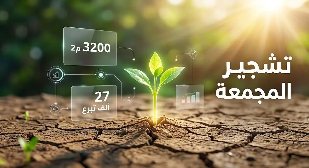 تصميم بصري يبرز جهود توسيع الغطاء النباتي في محافظة المجمعة وحجم التفاعل المجتمعي مع المبادرة البيئية.