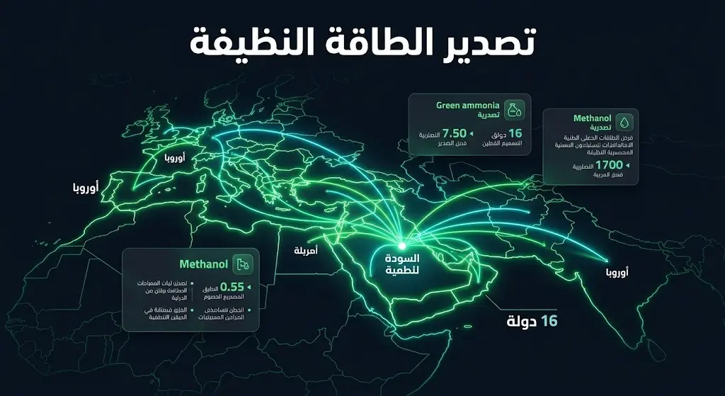 خريطة بيانات مضيئة تظهر مسارات تصدير الطاقة النظيفة والهيدروجين الأخضر من السعودية إلى أوروبا والأسواق العالمية.