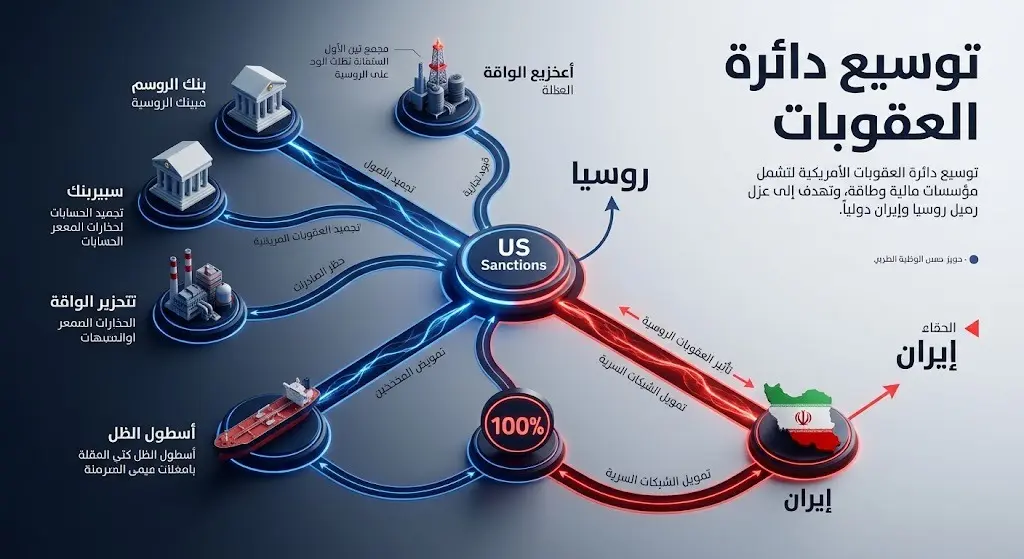 رسم بياني يوضح توسيع العقوبات الأمريكية لتشمل إيران وروسيا واستهداف البنوك الروسية وأسطول الظل للناقلات