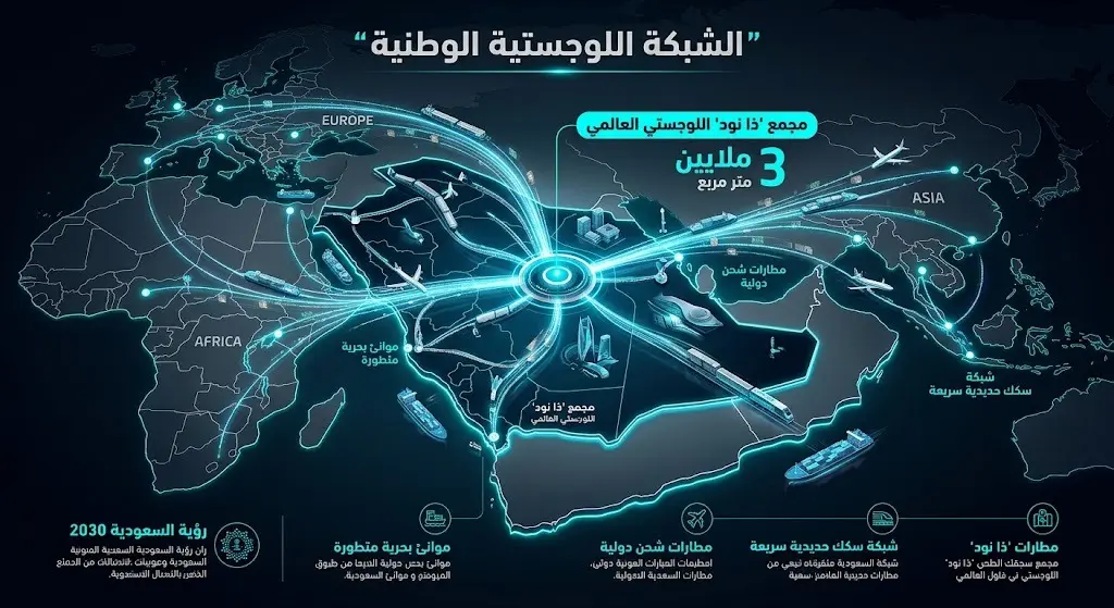 تصميم بصري مبتكر يوضح ضخامة شبكة الإمداد اللوجستي لشركة ركاز وموقع مجمع ذا نود الاستراتيجي الممتد على مساحة 3 ملايين متر مربع.