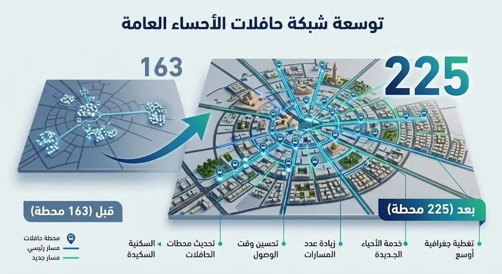 إنفوجرافيك يوضح توسع شبكة محطات حافلات النقل العام في الأحساء، مع مقارنة بصرية تبرز زيادة عدد نقاط التوقف من 163 إلى 225 نقطة.