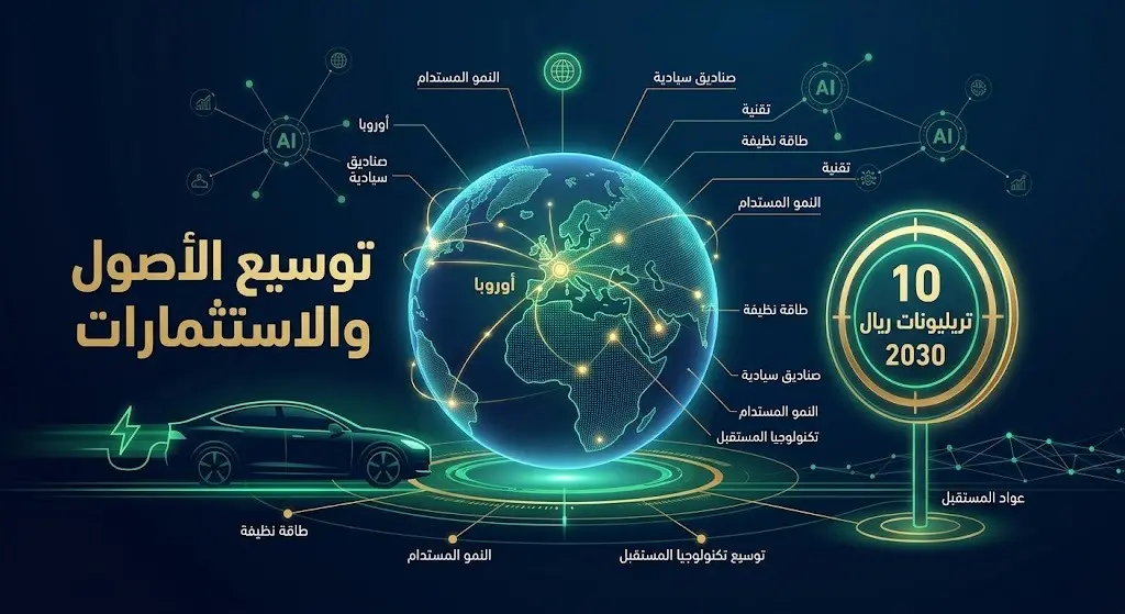 تصميم بصري يعبر عن تنوع محفظة صندوق الاستثمارات العامة، يدمج بين الذكاء الاصطناعي، السيارات الكهربائية، والامتداد نحو الأسواق الأوروبية للوصول إلى هدف 10 تريليونات ريال.