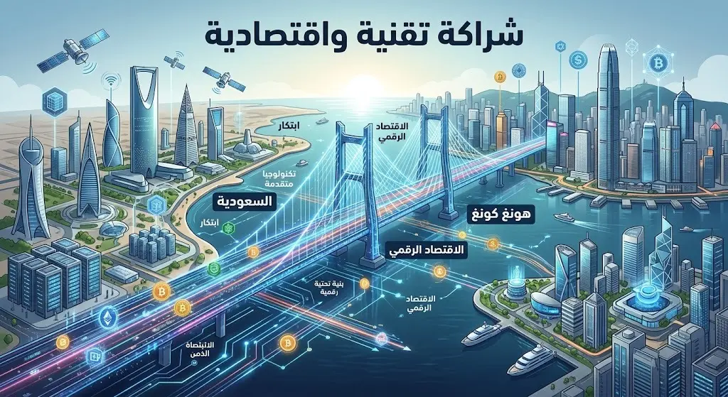 تصميم بصري يعبر عن الجسور التقنية والاقتصادية بين المملكة العربية السعودية وهونغ كونغ.