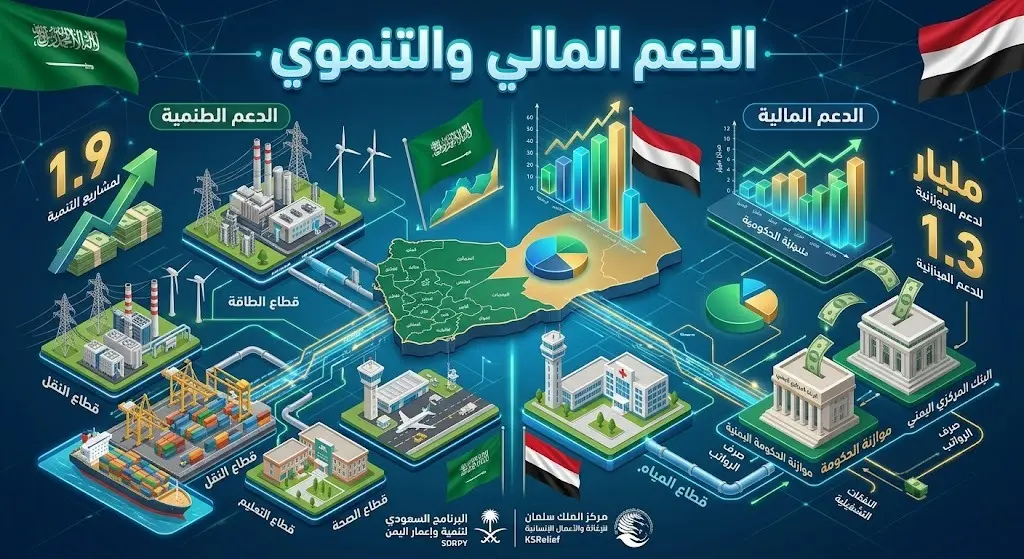 إنفوجرافيك يوضح حجم الدعم المالي والتنموي السعودي لليمن بملايين الريالات، مركّزاً على قطاعات الكهرباء ودعم الموازنة.
