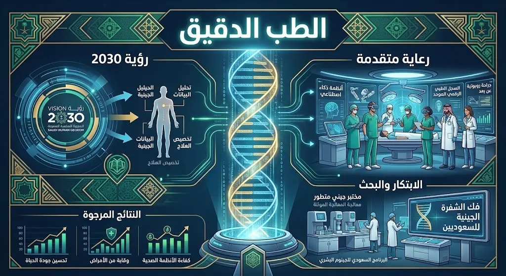 تصميم بصري إبداعي يدمج بين عناصر الطب الدقيق وتقنيات الرعاية الصحية المتقدمة وارتباطها بمستهدفات رؤية السعودية 2030.
