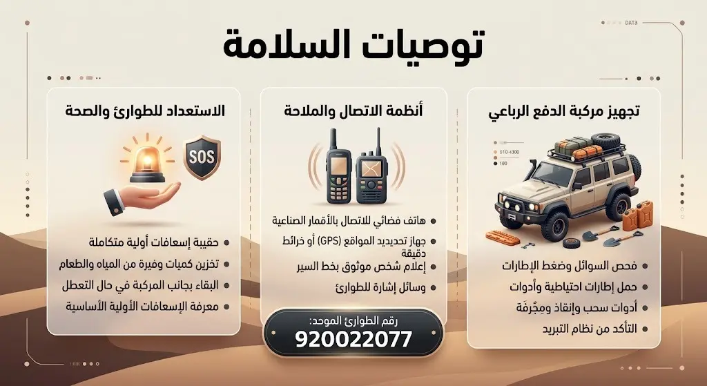 إنفوجرافيك إرشادي حديث يستعرض أهم نصائح السلامة لزوار المحمية بما فيها فحص المركبات، وسائل الاتصال، ورقم الطوارئ 920022077.