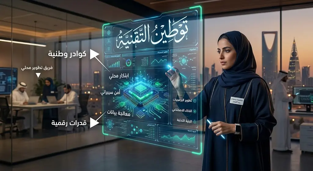 مشهد تعبيري يظهر مهندساً سعودياً يتفاعل مع واجهات تقنية متقدمة، في إشارة لتنمية الكوادر الوطنية وتوطين التكنولوجيا