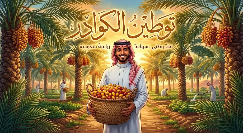 صورة تعبيرية لشاب سعودي يبتسم ويحمل سلة مليئة بالتمور الطازجة داخل مزارع النخيل، تعبيراً عن توطين مهنة خراف النخيل في منطقة القصيم