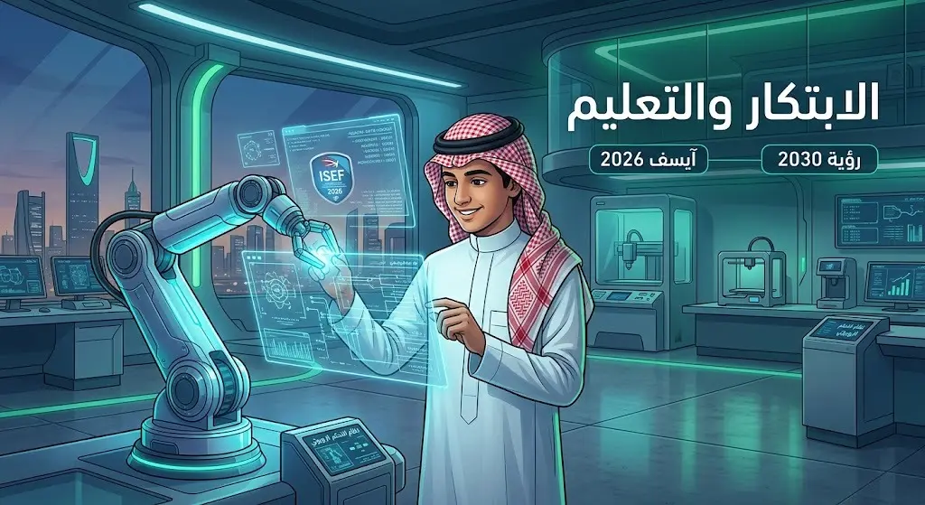 صورة تعبيرية لشاب سعودي في مختبر مستقبلي يعمل على تقنيات الروبوتات والبيانات المضيئة تعبيراً عن الابتكار
