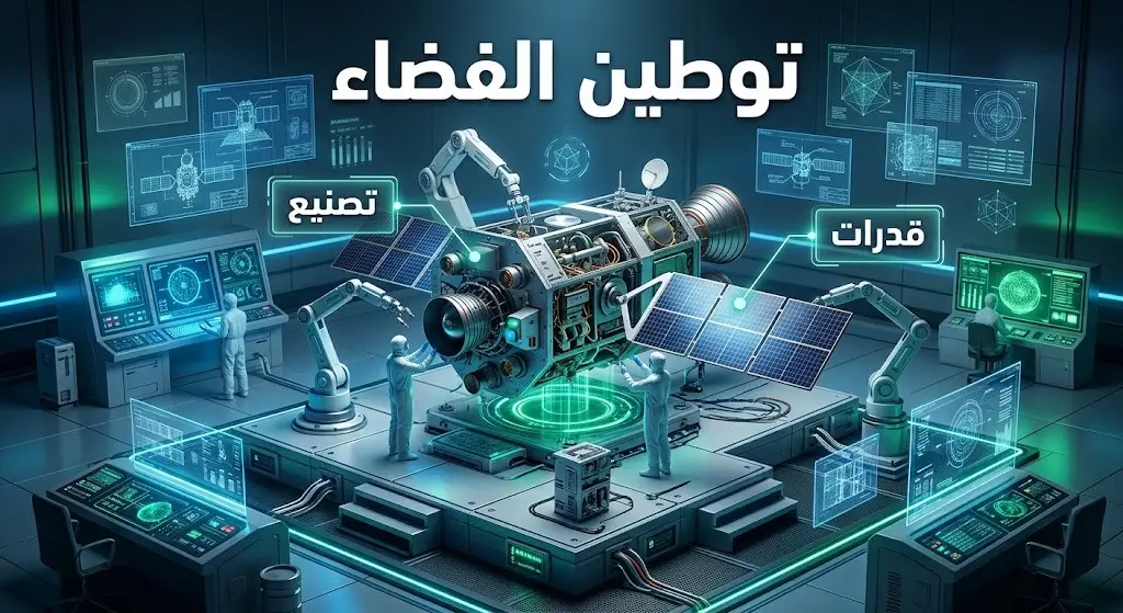 رسم ثلاثي الأبعاد يوضح توطين صناعة الأقمار الصناعية ونقل التقنيات الفضائية المتقدمة إلى المملكة
