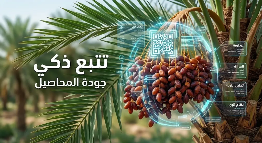 صورة تعبيرية تدمج بين أشجار النخيل والتقنيات الرقمية المضيئة مثل رمز الاستجابة السريعة، تعبيراً عن التتبع الذكي للمحاصيل الزراعية.