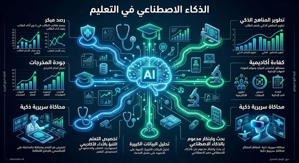 تصميم بياني يوضح دور الذكاء الاصطناعي في الكليات الصحية لرصد المؤشرات ورفع كفاءة التعليم