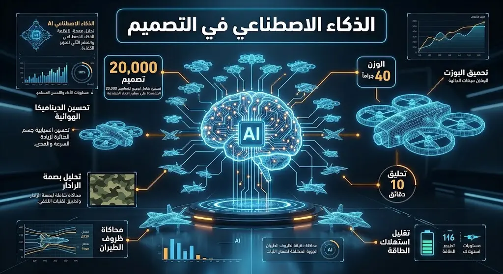 إنفوجرافيك عصري يبرز دور الذكاء الاصطناعي في تحليل وتطوير 20 ألف تصميم للطائرة، مع إبراز مواصفاتها كالوزن ومدة التحليق.