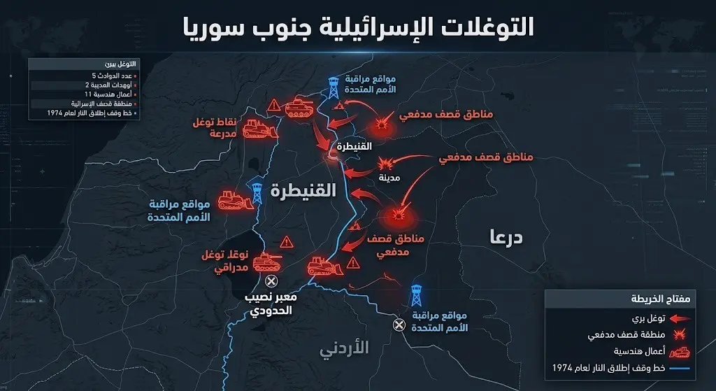 خريطة إنفوجرافيك توضح مواقع التوغلات البرية والقصف المدفعي الإسرائيلي في ريفي القنيطرة ودرعا جنوب سوريا.