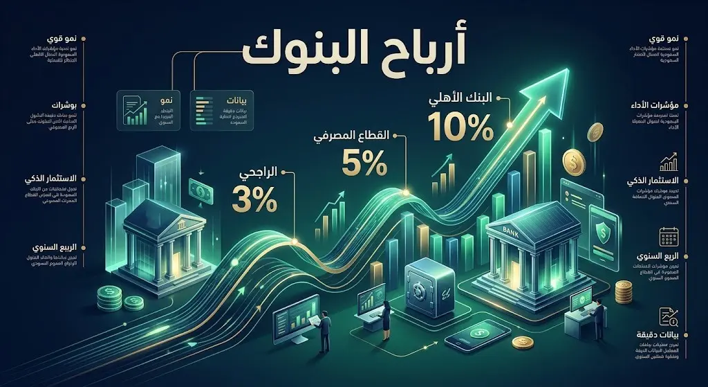 إنفوجرافيك مالي يوضح توقعات نمو أرباح البنوك السعودية في الربع الثاني وتصدر البنك الأهلي بنسبة 10 بالمئة والقطاع المصرفي 5 بالمئة.