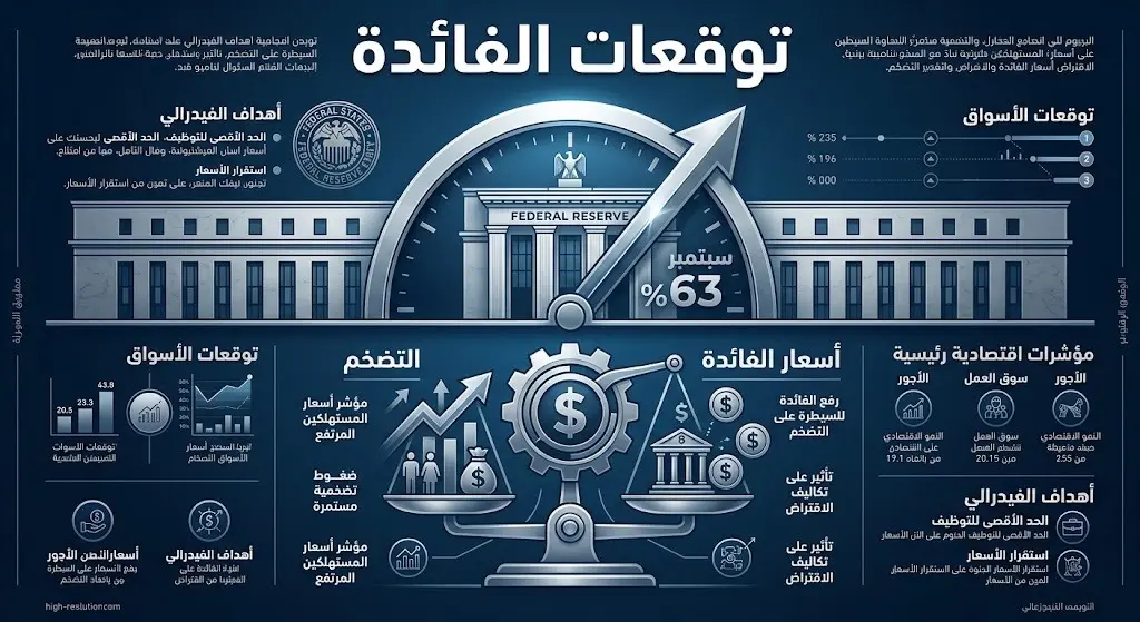 تصميم بياني يبرز توقعات الأسواق لرفع أسعار الفائدة الأمريكية بنسبة 63 بالمئة في شهر سبتمبر، مع رموز تعبيرية تمثل سياسات الاحتياطي الاتحادي.