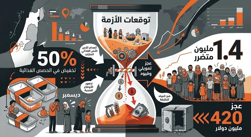 تصميم بياني يستعرض التوقعات المستقبلية للأزمة الإنسانية في غزة بحلول شهر ديسمبر، مسلطاً الضوء على الفجوة التمويلية البالغة 420 مليون دولار وتقليص المساعدات.