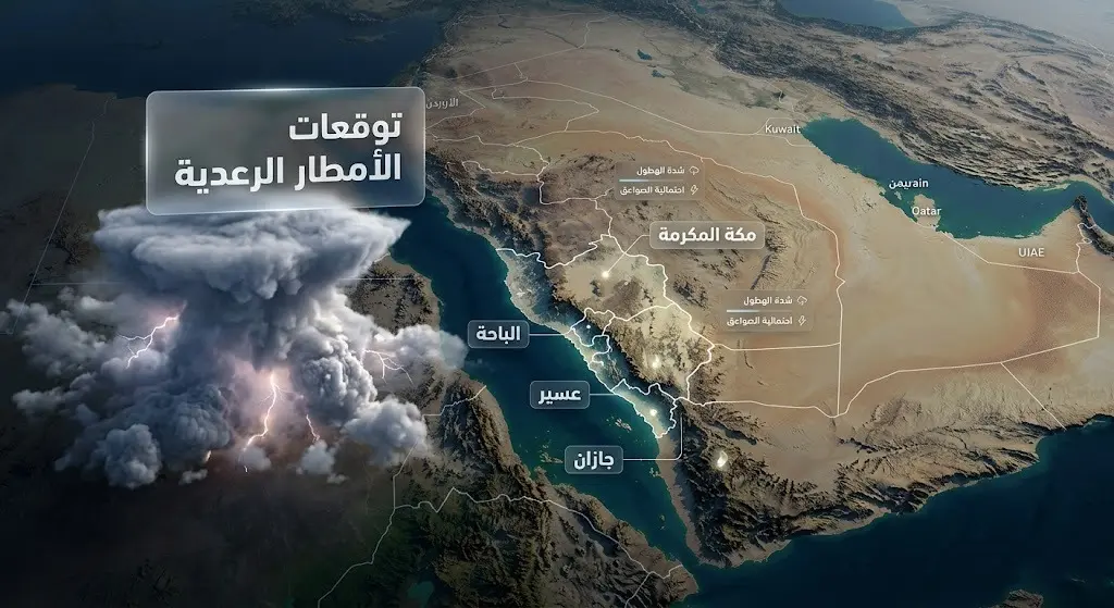 خريطة جغرافية ثلاثية الأبعاد توضح مناطق تركز الأمطار الرعدية على المرتفعات الجنوبية الغربية للمملكة وتحديداً مكة وعسير والباحة وجازان.
