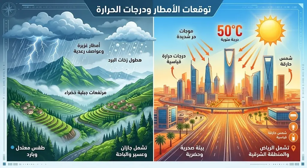 تصميم إنفوجرافيك يقارن بين هطول الأمطار الرعدية على المرتفعات الجنوبية الغربية والحرارة الشديدة التي تلامس 50 درجة مئوية في شرق ووسط المملكة.