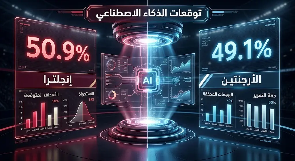 إنفوجرافيك مستقبلي يعرض تبايناً في نسب توقعات الذكاء الاصطناعي لفوز إنجلترا أو الأرجنتين في نصف نهائي كأس العالم