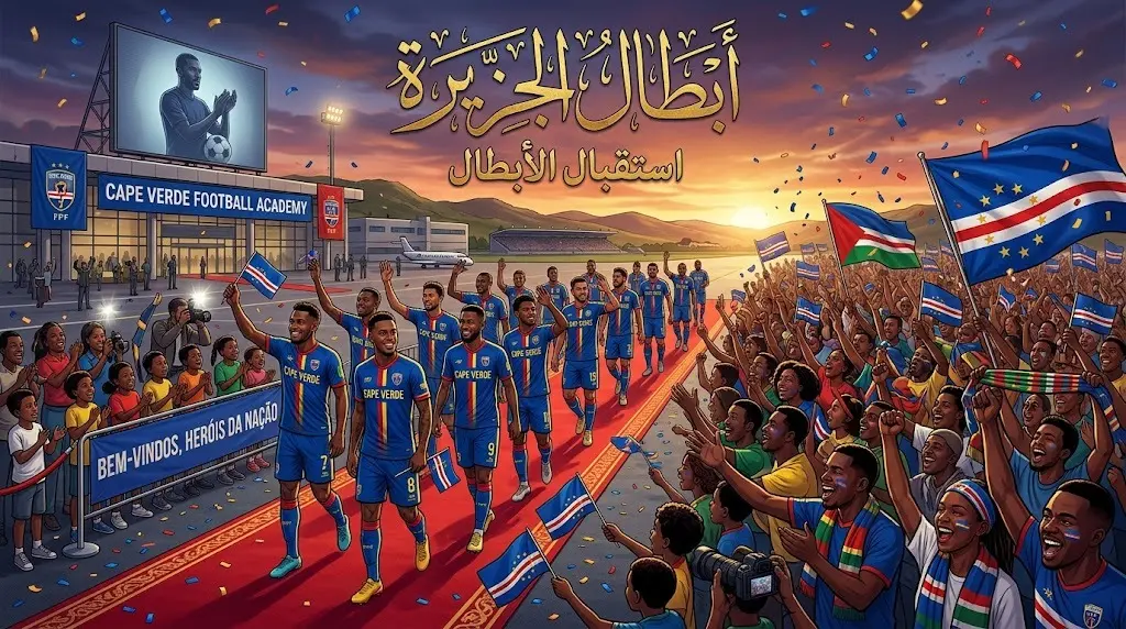 رسم تعبيري يصور لاعبي منتخب كاب فيردي يمشون على سجادة حمراء وسط استقبال جماهيري حافل، مع عبارات عربية تحتفي ببطولتهم.