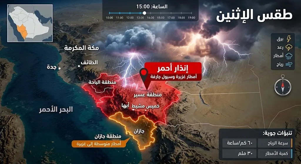 خريطة ثلاثية الأبعاد توضح الإنذار الأحمر في منطقة عسير والبرتقالي في جازان مع تأثيرات بصرية للأمطار الرعدية.