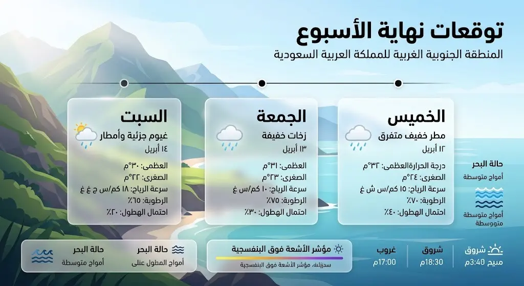 إنفوجرافيك زمني بتصميم حديث يوضح توقعات هطول الأمطار الخفيفة والمتفرقة خلال أيام نهاية الأسبوع على المرتفعات الجنوبية الغربية.
