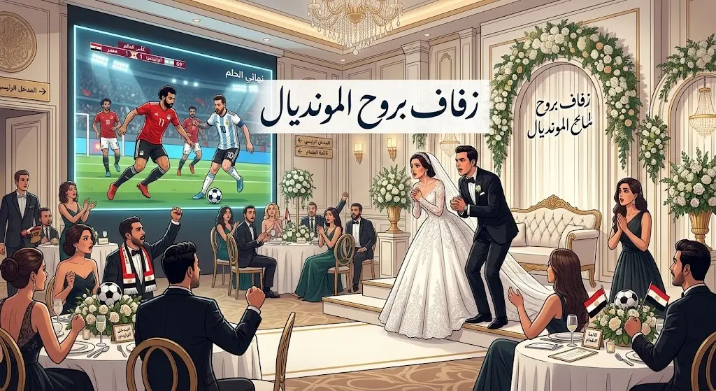 مشهد تعبيري يصور عروسين ومعازيم داخل قاعة أفراح يتابعون بشغف مباراة كرة قدم على شاشة عملاقة.