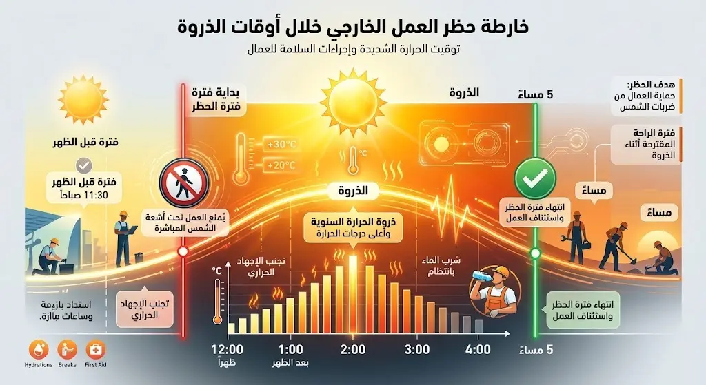 تصميم زمني يبرز ساعات ذروة الموجة الحارة وتوقيت حظر العمل الميداني
