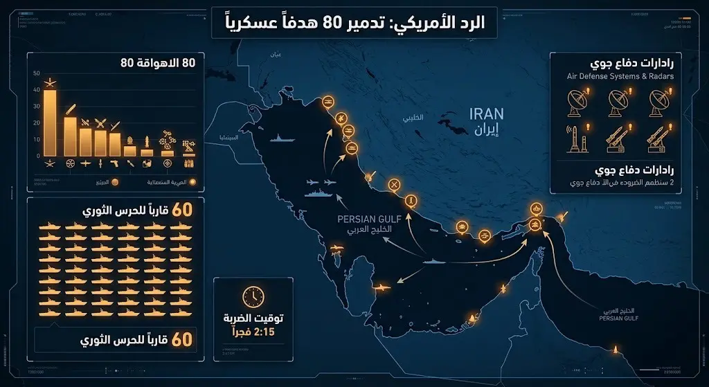 إنفوجرافيك بياني يبرز حصيلة الضربات العسكرية الأمريكية التي استهدفت أكثر من 80 موقعاً، منها 60 قارباً للحرس الثوري الإيراني.