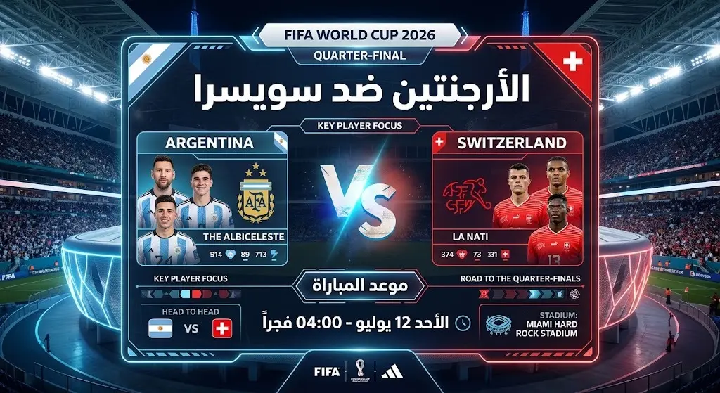 إنفوجرافيك احترافي يوضح موعد وتوقيت مباراة الأرجنتين وسويسرا في ربع نهائي كأس العالم 2026
