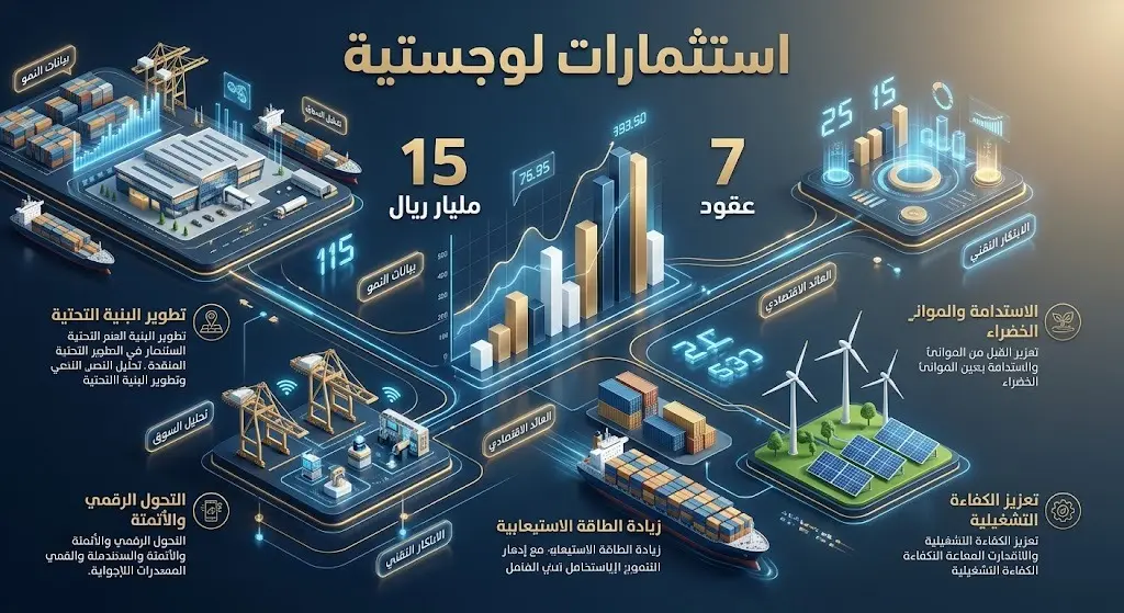 إنفوجرافيك يوضح حجم الاستثمارات اللوجستية في ميناء جدة الإسلامي والتي تبلغ 15 مليار ريال وتوقيع 7 عقود جديدة