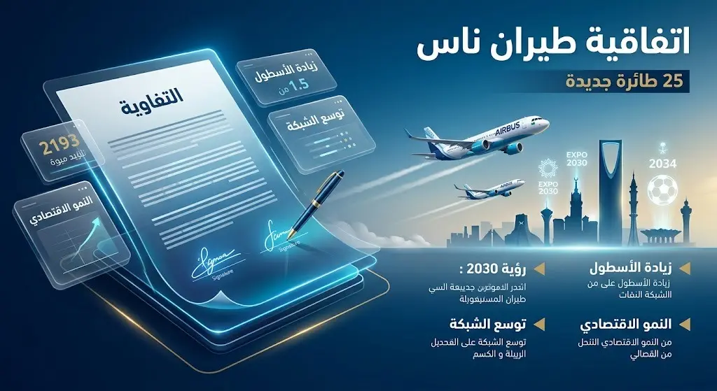 تصميم بصري يجسد توقيع اتفاقية طيران ناس لشراء 25 طائرة وتوسيع قدراتها التشغيلية نحو إكسبو 2030 وكأس العالم 2034.