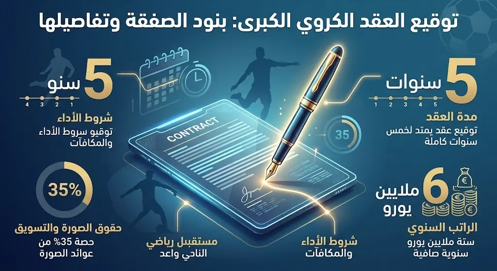 تصميم مرئي يستعرض بنود عقد كريم أديمي مع برشلونة، شاملاً مدة العقد والراتب ونسبة البيع المستقبلي.