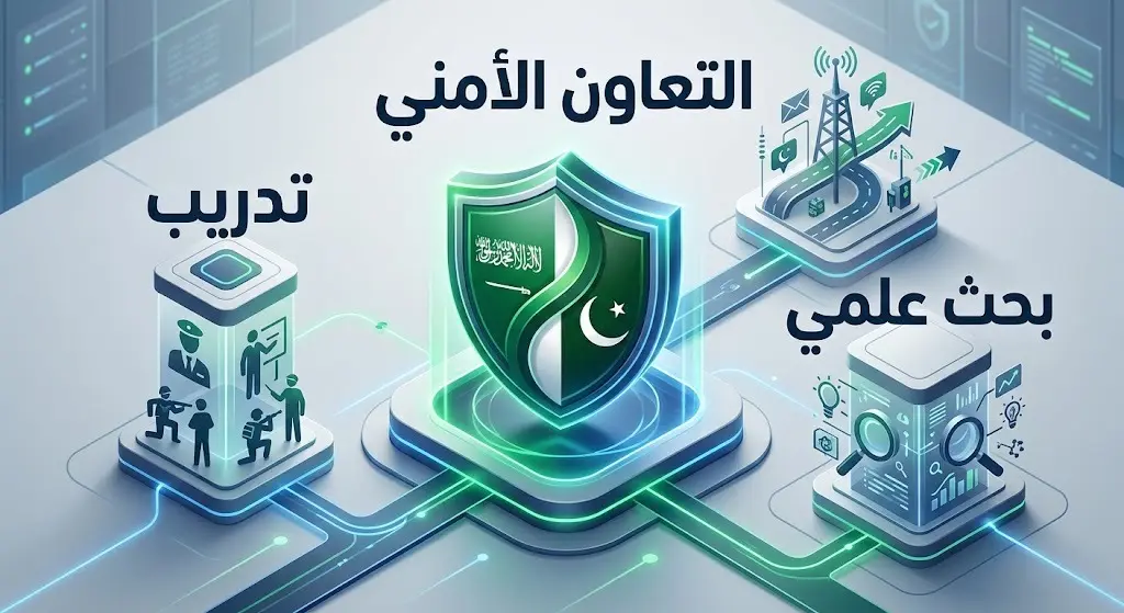 إنفوجرافيك ثلاثي الأبعاد يوضح ركائز مذكرة التفاهم الأمني بين السعودية وباكستان، يتوسطه درع حديث مع رموز وألوان أعلام البلدين وتسميات عربية واضحة للتدريب والبحث العلمي.