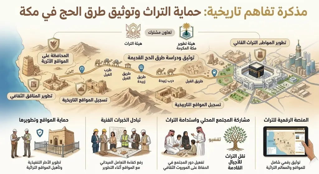 توقيع مذكرة تفاهم بين هيئة التراث وتطوير مكة لحماية المواقع التاريخية وتوثيق طرق الحج القديمة