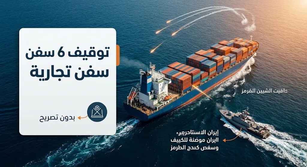 إنفوجرافيك ولقطة تعبيرية لعملية توقيف السفن في مضيق هرمز وإطلاق النار التحذيري