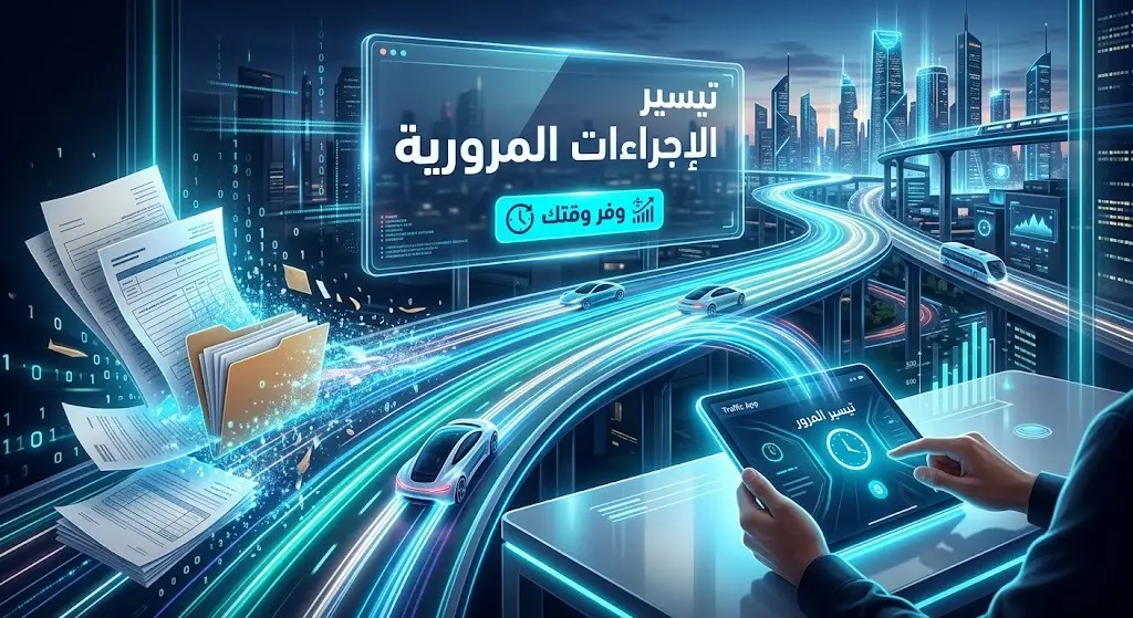 رسم تعبيري رقمي يظهر طريقاً ذكياً ينبثق من شاشة لوحي ذكي، كرمز للتحول الرقمي وتسهيل الخدمات المرورية بعيداً عن المعاملات الورقية.