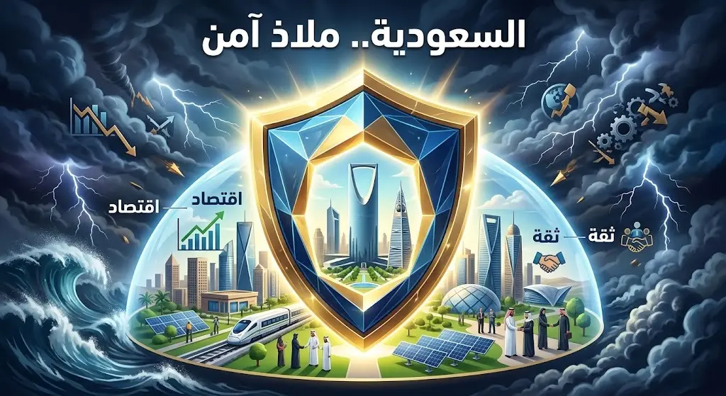 تصميم فني يجسد الاستقرار الاقتصادي والسياسي للمملكة العربية السعودية كملاذ آمن وسط التقلبات العالمية، مع نصوص عربية توضيحية.