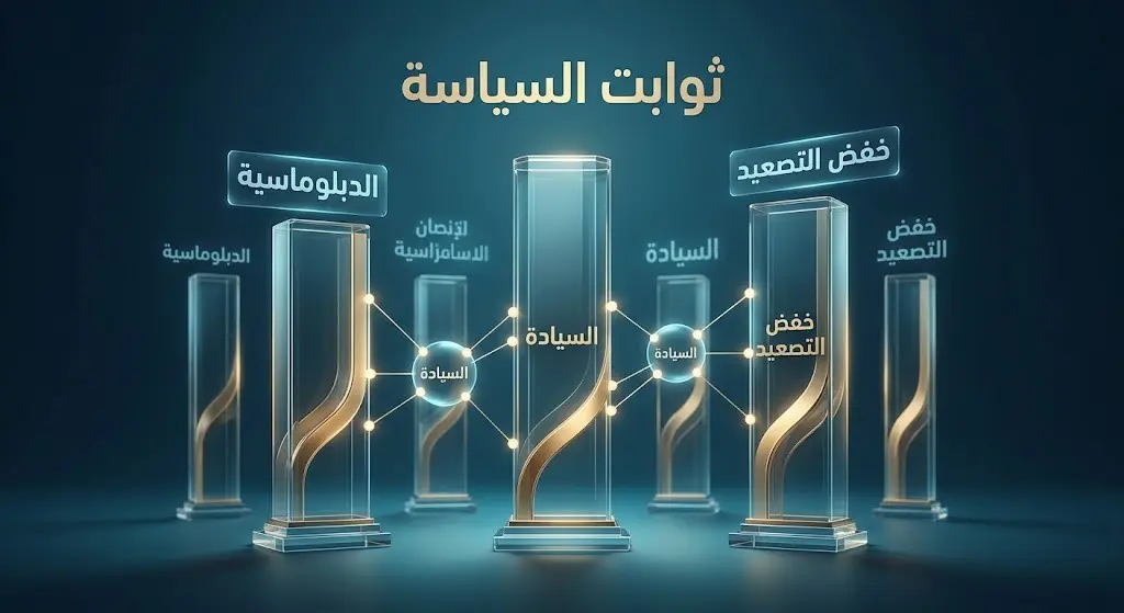 رسم تعبيري عصري يجسد ركائز السياسة الخارجية الكويتية المتمثلة في الدبلوماسية، احترام السيادة، وخفض التصعيد.